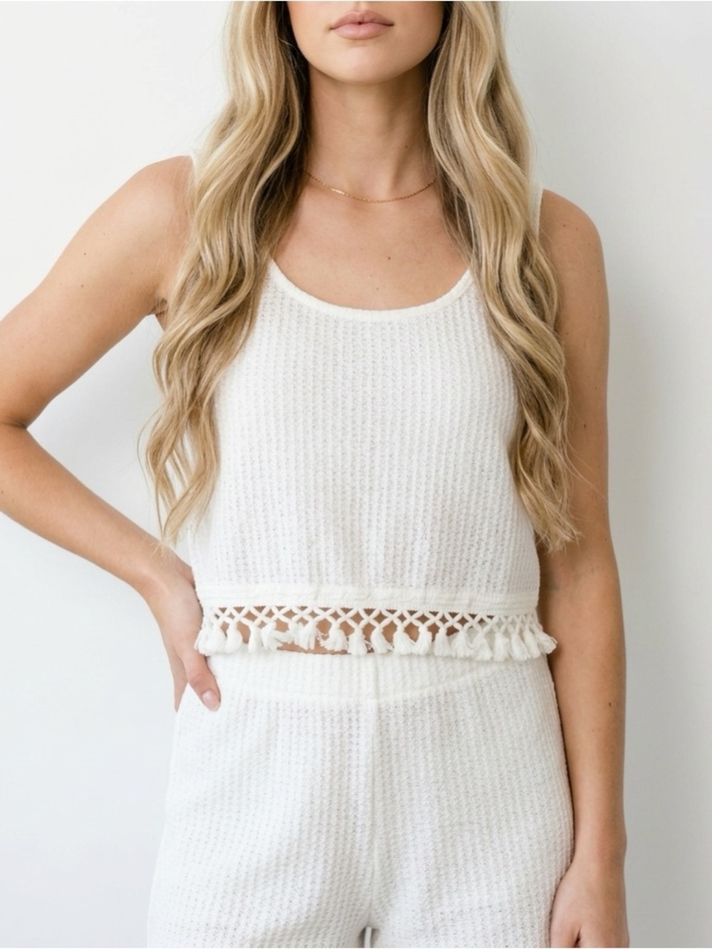White Bohemian Cropped Tank with Tassel Trim | Size M | Festival